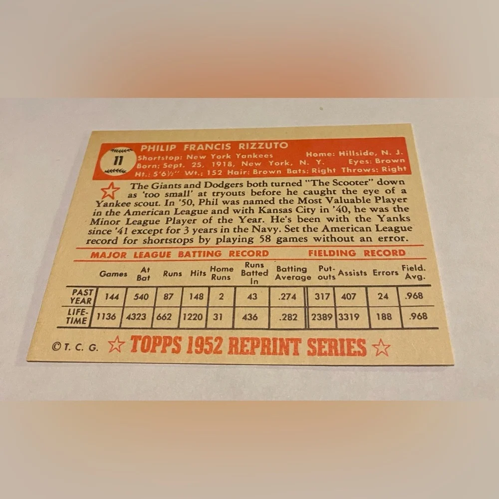 Phil Rizzuto 1983 Topps 1952 REPRINT Series Baseball Card Vintage # 11